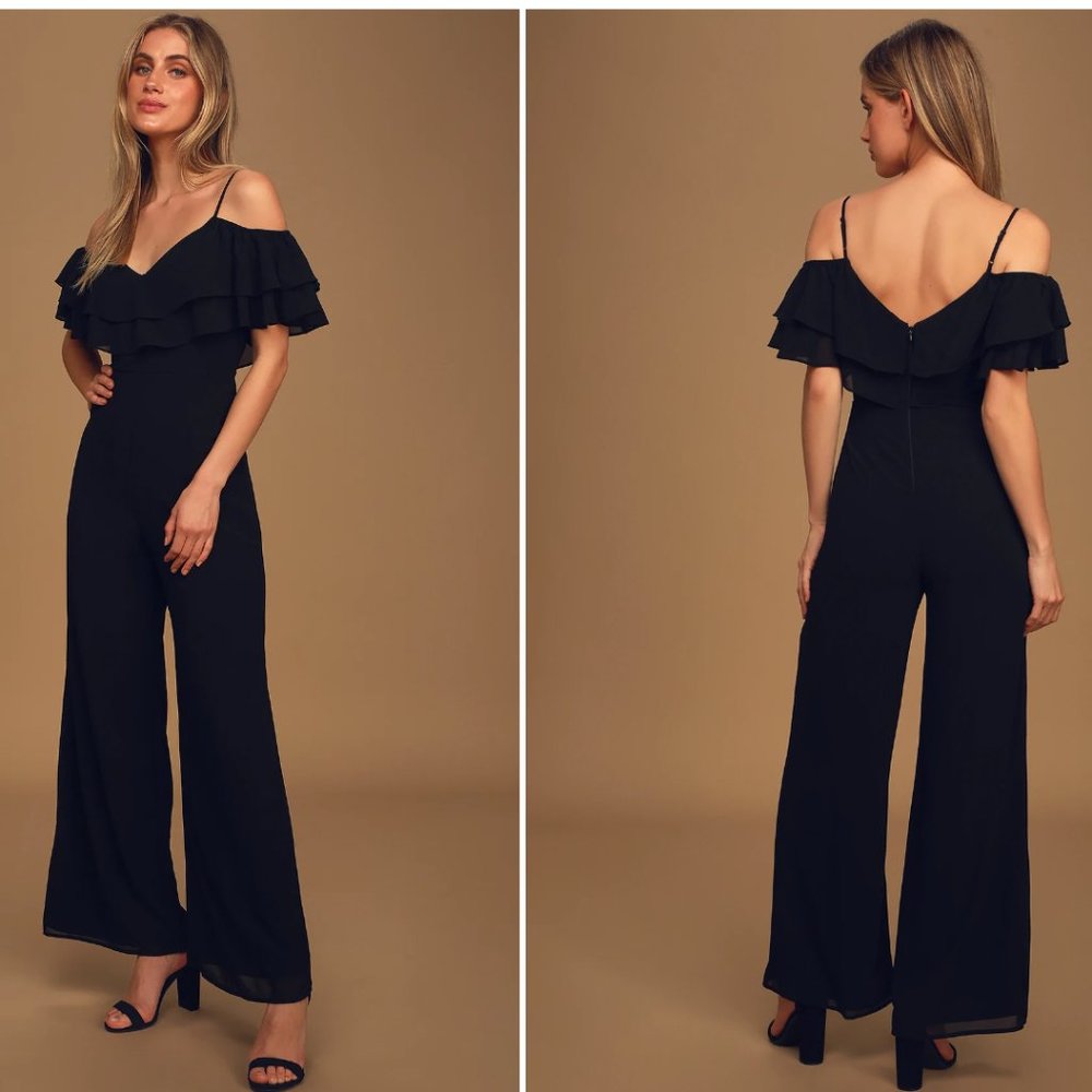 Lulus Give Me Frills Black Ruffled Wide-Leg Jumpsuit XS